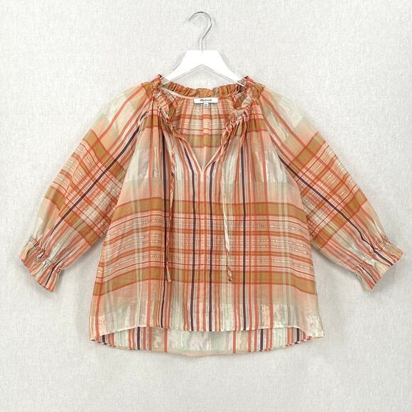 MADEWELL Plaid Tie Neck Ruffle Top Womens XXS Cream Orange 3/4 Sleeve Blouse - Picture 5 of 15
